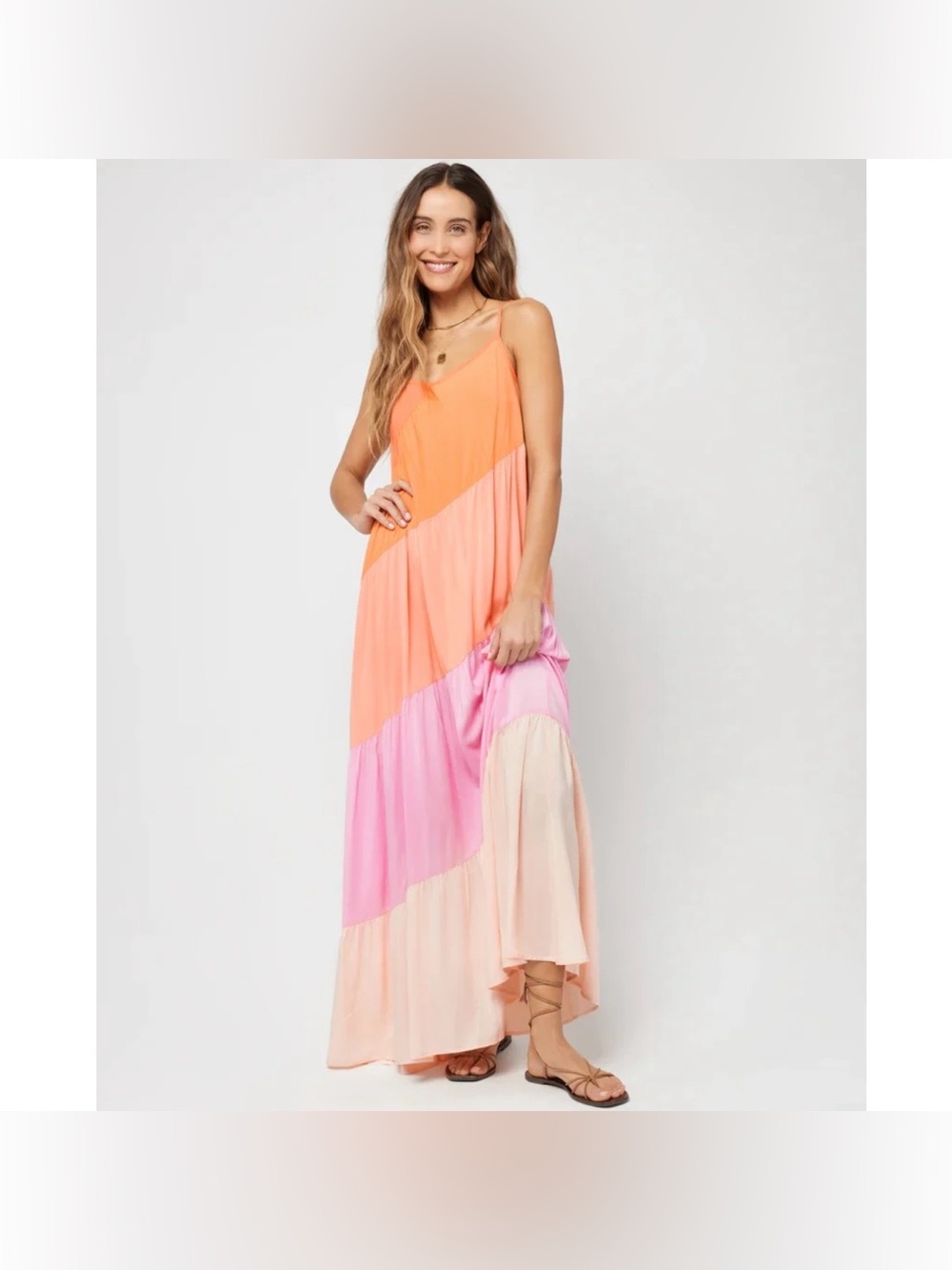 L Space Leona Tiered Colorblock Maxi Dress Sz S Peche Punch Pink Orange NWT $187